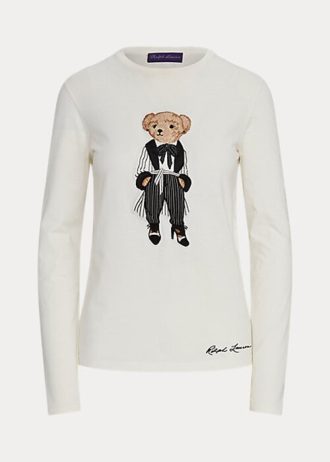 Weiße Damen Ralph Lauren Cinema Polo Bear Langarm-T-Shirts aus Baumwolle