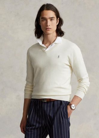 Weiße Herrenpullover aus strukturierter Baumwolle von Ralph Lauren in Slim Fit