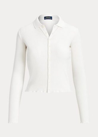 Weiße Ralph Lauren Cropped Ribbed Poloshirts mit Knopfleiste für Damen