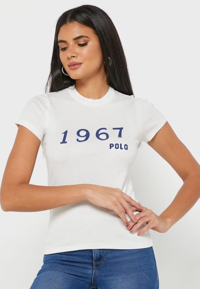 Weiße Ralph Lauren T-Shirts mit Rundhalsausschnitt und Grafik für Damen