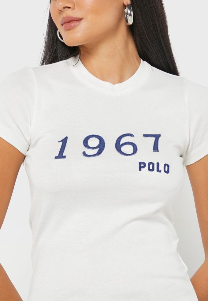 Weiße Ralph Lauren T-Shirts mit Rundhalsausschnitt und Grafik für Damen