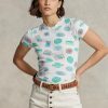 Weiße T-Shirts aus gerippter Baumwolle mit Reisemotiv von Ralph Lauren für Damen