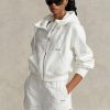 Weißer Ralph Lauren Fleece-Hoodie mit durchgehendem Reißverschluss und Dolman-Ärmeln für Damen
