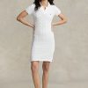 Weißes Ralph Lauren Skinny Fit Baumwollkleid mit Zopfmuster für Damen